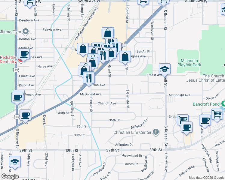 map of restaurants, bars, coffee shops, grocery stores, and more near 1829 Dixon Avenue in Missoula