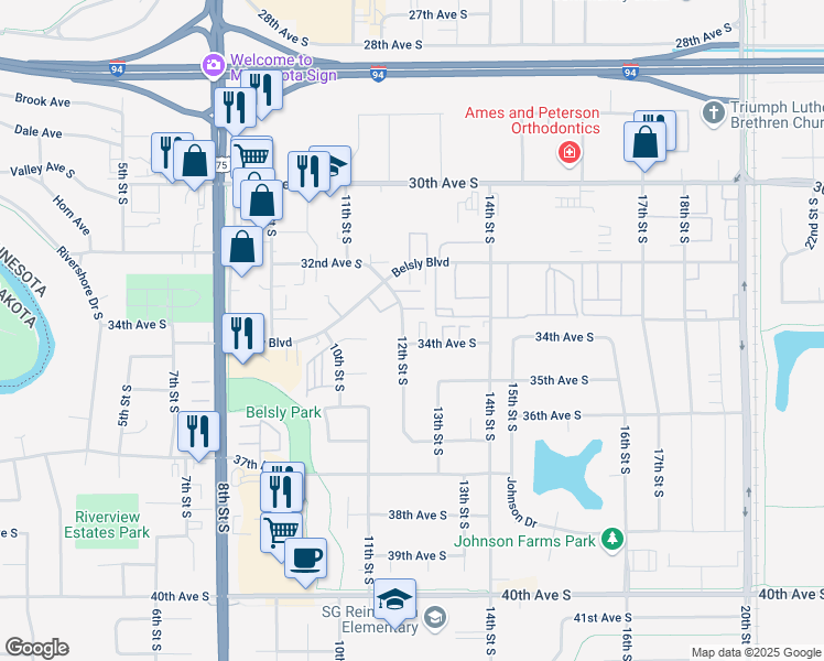 map of restaurants, bars, coffee shops, grocery stores, and more near 1202 34th Avenue South in Moorhead