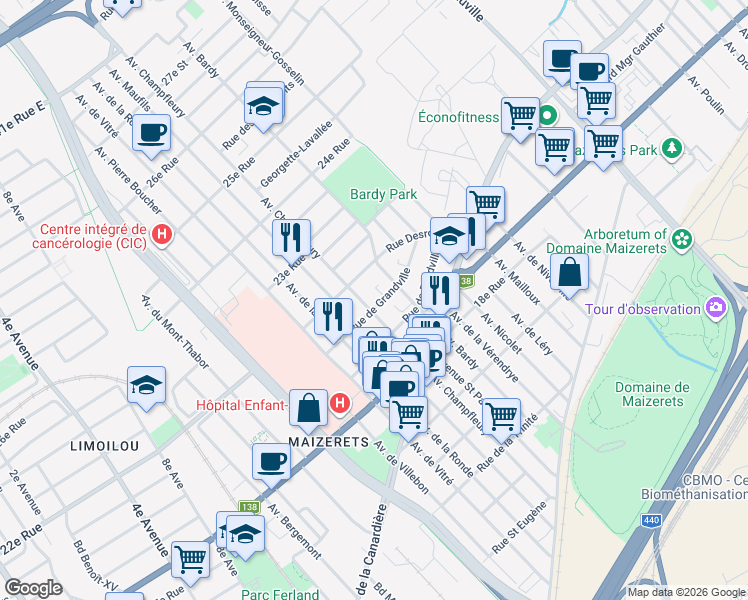 map of restaurants, bars, coffee shops, grocery stores, and more near 1805 Rue de Grandville in Québec