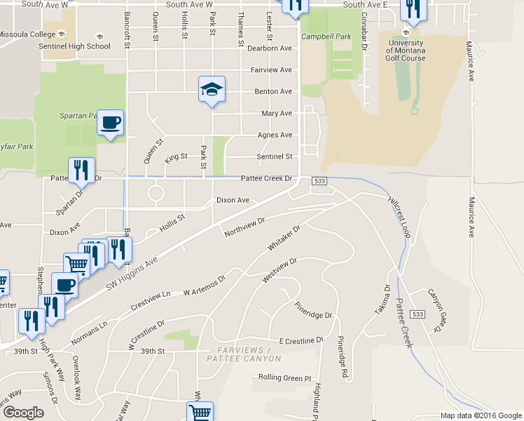 map of restaurants, bars, coffee shops, grocery stores, and more near 178 Southwest Higgins Avenue in Missoula