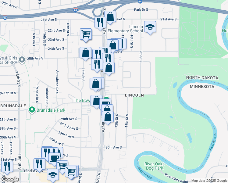 map of restaurants, bars, coffee shops, grocery stores, and more near 1119 26th Avenue South in Fargo