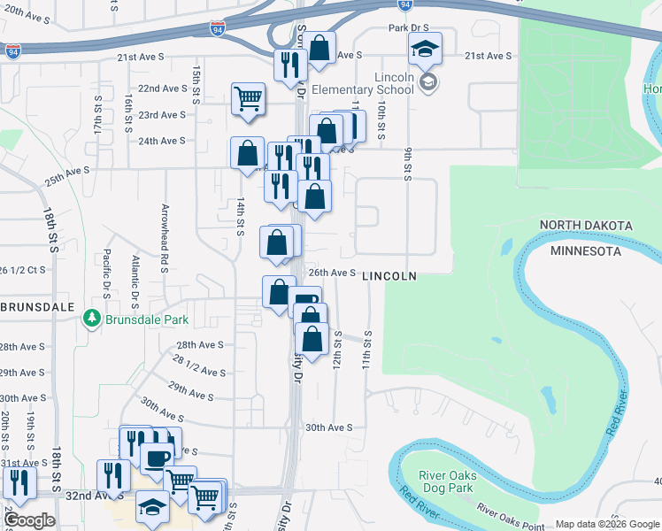 map of restaurants, bars, coffee shops, grocery stores, and more near 1119 26th Avenue South in Fargo