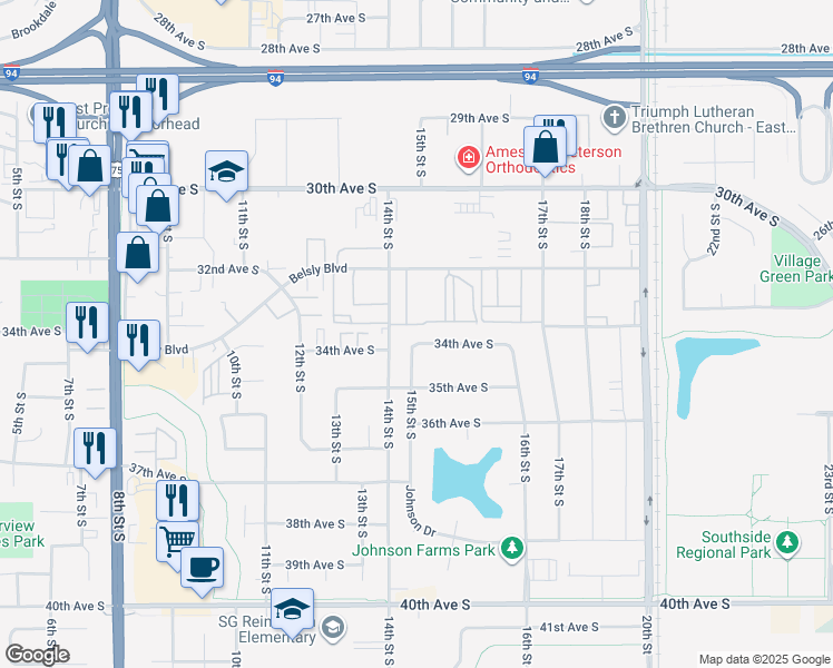 map of restaurants, bars, coffee shops, grocery stores, and more near 1500 34th Avenue South in Moorhead