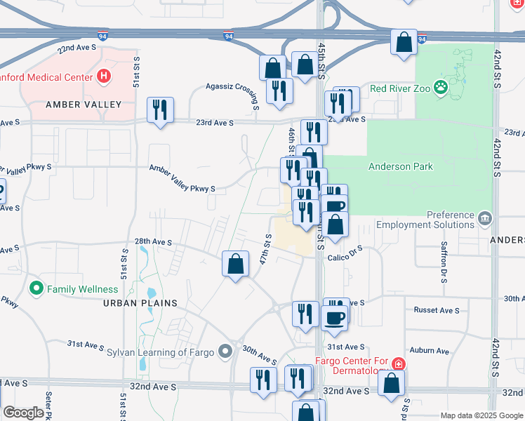 map of restaurants, bars, coffee shops, grocery stores, and more near 4646 Amber Valley Parkway South in Fargo