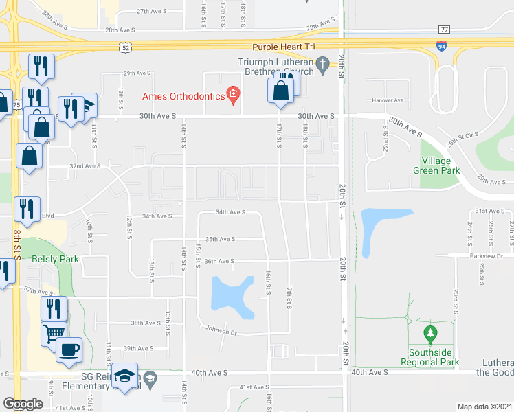 map of restaurants, bars, coffee shops, grocery stores, and more near 1598 34th Avenue South in Moorhead