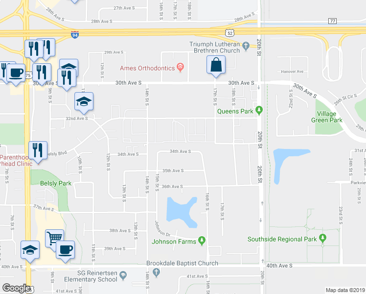 map of restaurants, bars, coffee shops, grocery stores, and more near 1558 34th Avenue South in Moorhead