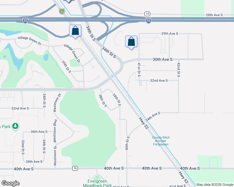 map of restaurants, bars, coffee shops, grocery stores, and more near 3348 39th Street South in Moorhead