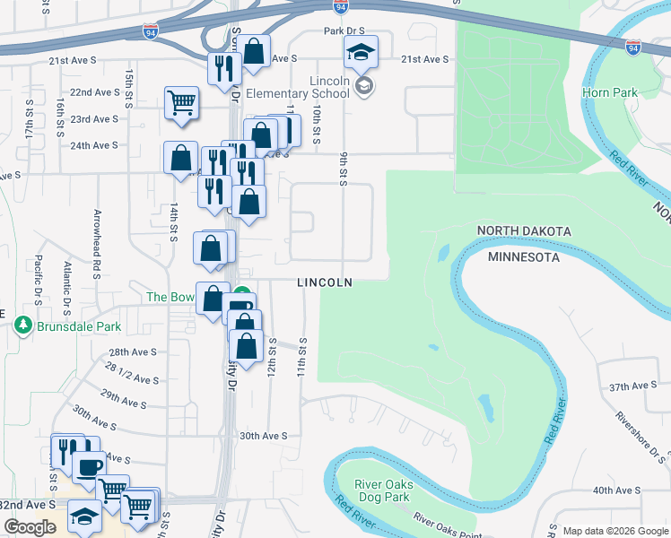 map of restaurants, bars, coffee shops, grocery stores, and more near 2539 9th Street South in Fargo