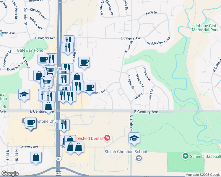 map of restaurants, bars, coffee shops, grocery stores, and more near 1715 Mapleton Avenue in Bismarck