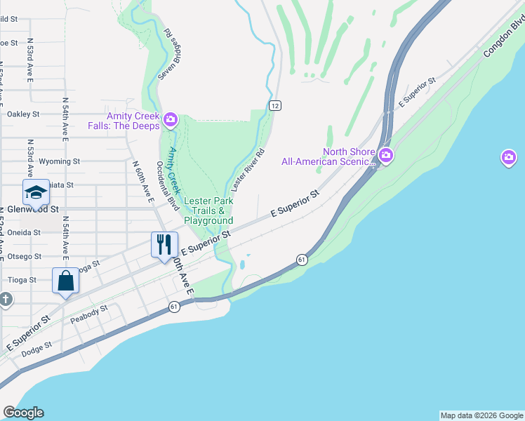 map of restaurants, bars, coffee shops, grocery stores, and more near 6203 East Superior Street in Duluth