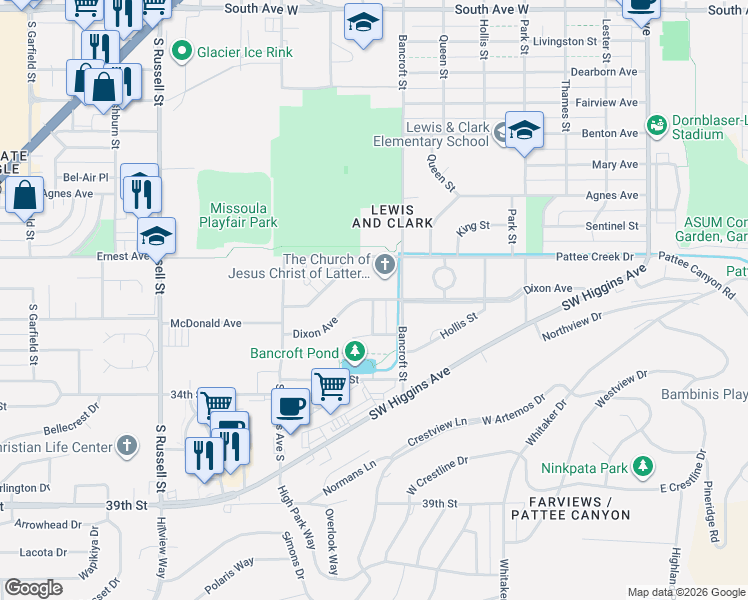 map of restaurants, bars, coffee shops, grocery stores, and more near 798 Dixon Ave in Missoula