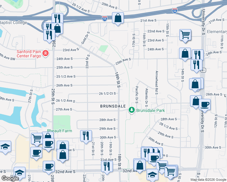 map of restaurants, bars, coffee shops, grocery stores, and more near 1808 26th Avenue Southwest in Fargo
