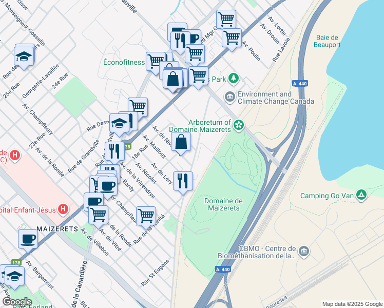 map of restaurants, bars, coffee shops, grocery stores, and more near 2335 Boulevard Montmorency in Quebec