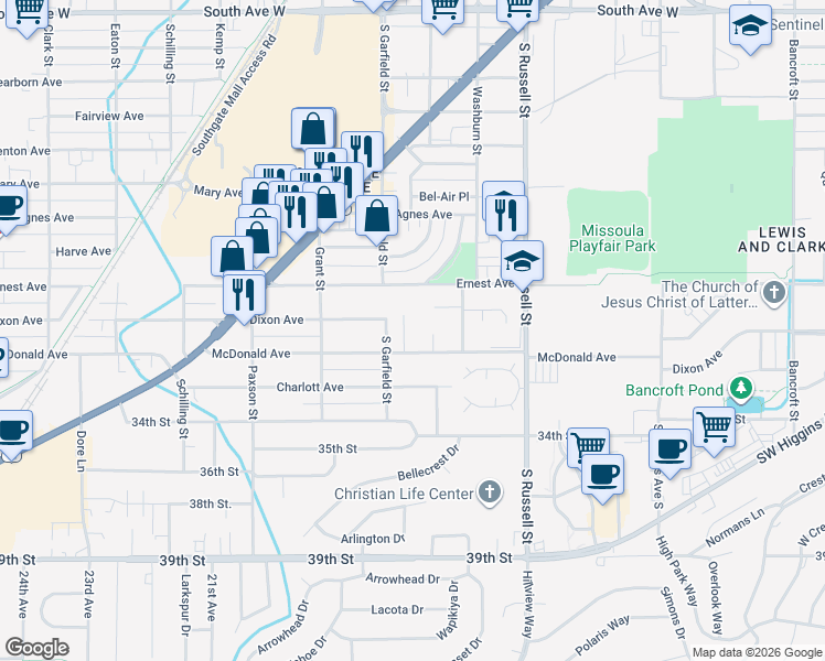 map of restaurants, bars, coffee shops, grocery stores, and more near 5 Rosebud Lane in Missoula