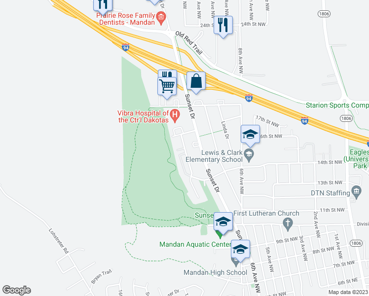 map of restaurants, bars, coffee shops, grocery stores, and more near 1000 Dewey Drive Northwest in Mandan