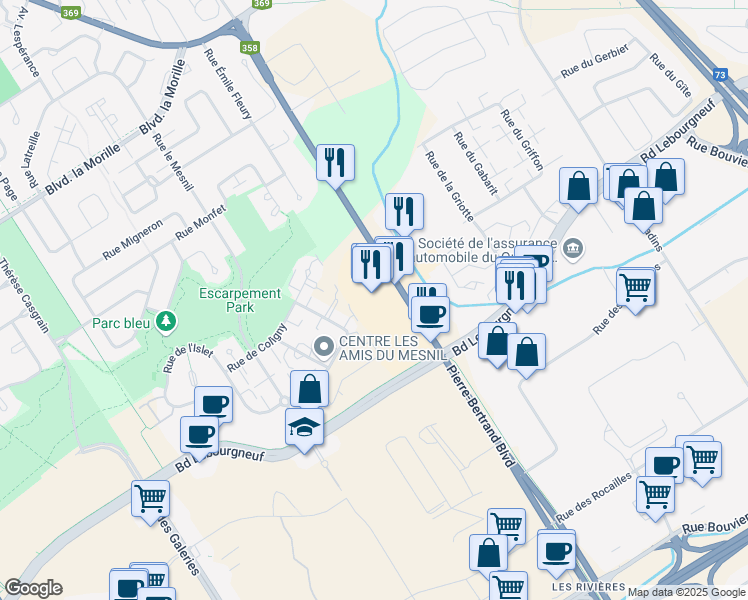 map of restaurants, bars, coffee shops, grocery stores, and more near in Québec City