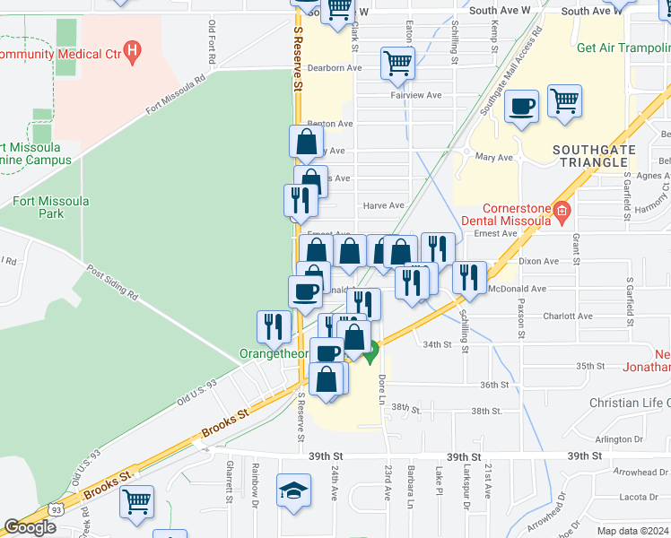 map of restaurants, bars, coffee shops, grocery stores, and more near 2425 Dixon Avenue in Missoula