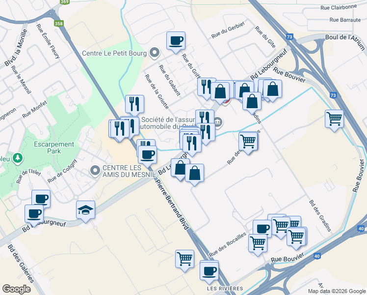 map of restaurants, bars, coffee shops, grocery stores, and more near 800 Boulevard Lebourgneuf in Québec