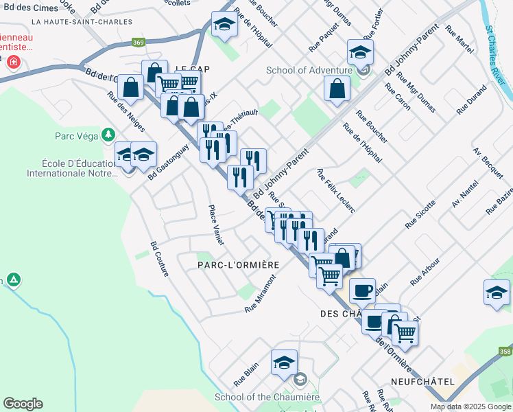 map of restaurants, bars, coffee shops, grocery stores, and more near 9988 Boulevard de l'Ormière in Québec