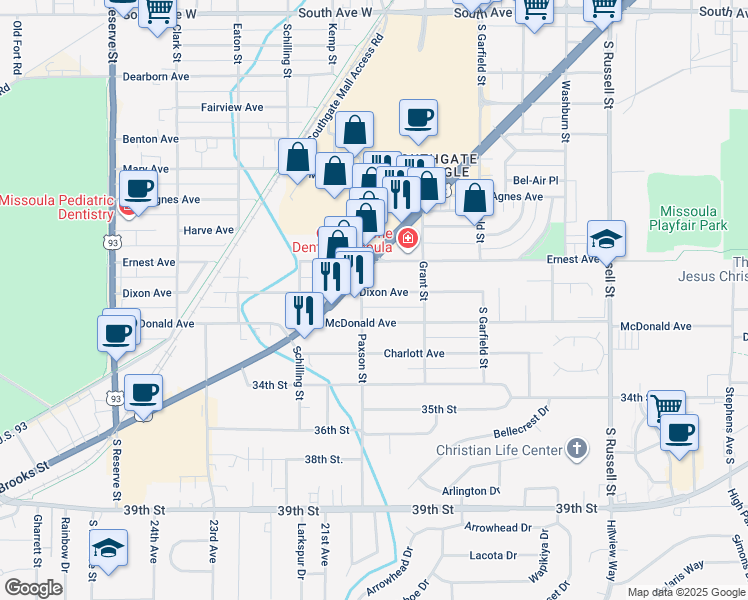 map of restaurants, bars, coffee shops, grocery stores, and more near 1945 Dixon Avenue in Missoula