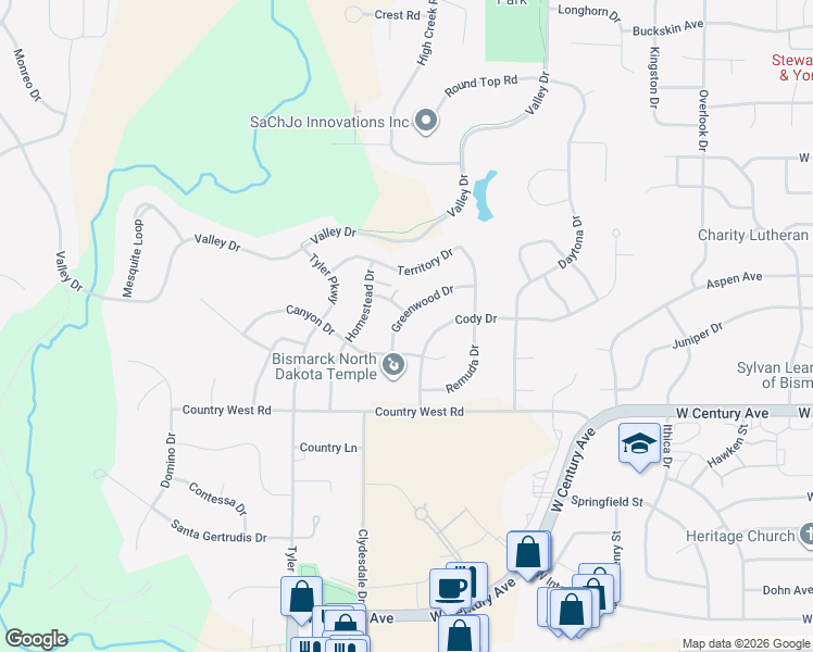 map of restaurants, bars, coffee shops, grocery stores, and more near 3027 Greenwood Drive in Bismarck