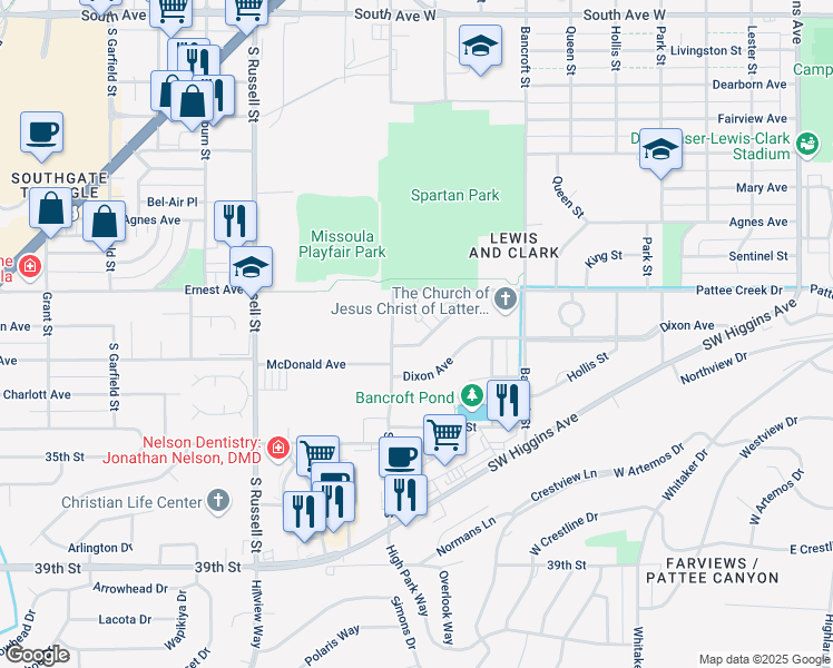 map of restaurants, bars, coffee shops, grocery stores, and more near 900 Spartan Drive in Missoula
