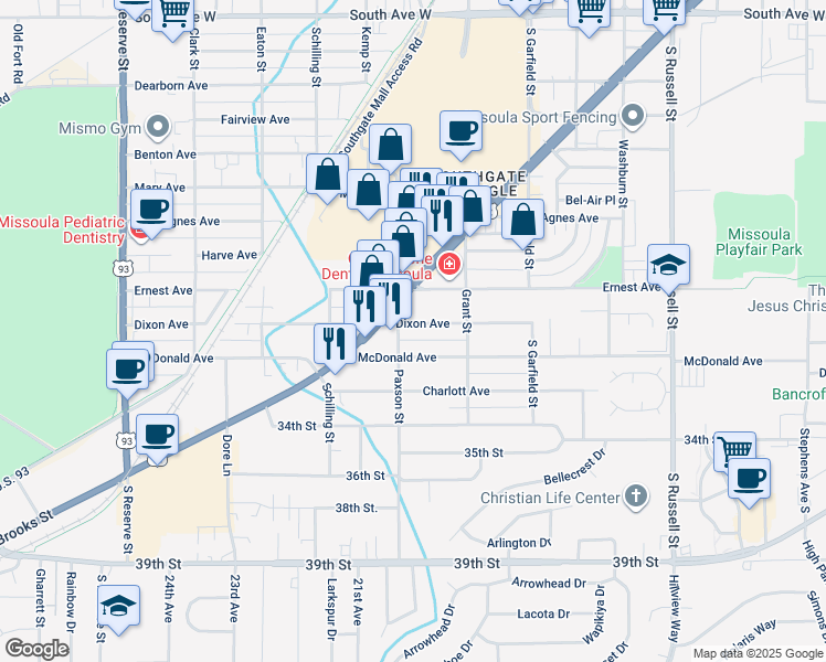map of restaurants, bars, coffee shops, grocery stores, and more near 1945 Dixon Avenue in Missoula