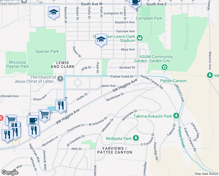 map of restaurants, bars, coffee shops, grocery stores, and more near 239 Dixon Avenue in Missoula
