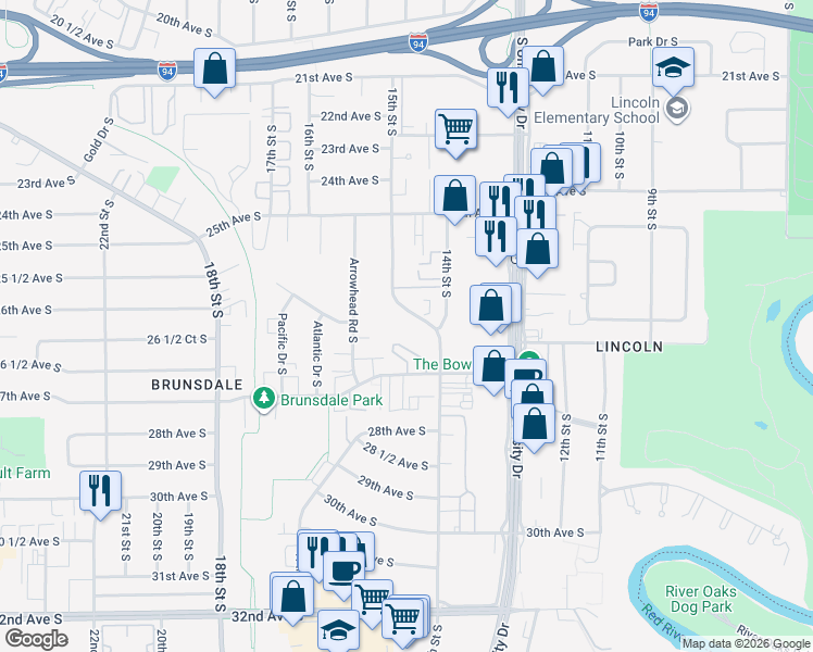 map of restaurants, bars, coffee shops, grocery stores, and more near 2615 15th Street South in Fargo