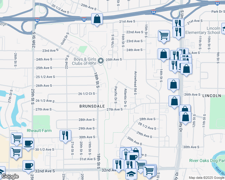 map of restaurants, bars, coffee shops, grocery stores, and more near 2575 Pacific Drive South in Fargo