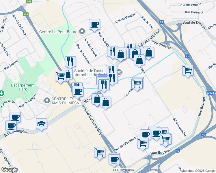 map of restaurants, bars, coffee shops, grocery stores, and more near 815 Boulevard Lebourgneuf in Québec City