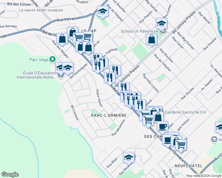 map of restaurants, bars, coffee shops, grocery stores, and more near 10015 Boulevard de l'Ormière in Québec