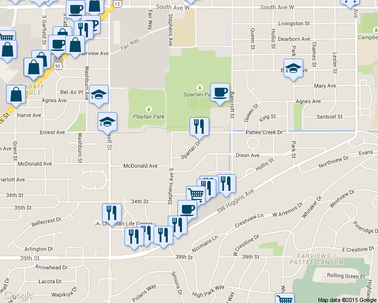 map of restaurants, bars, coffee shops, grocery stores, and more near 904 Spartan Street in Missoula