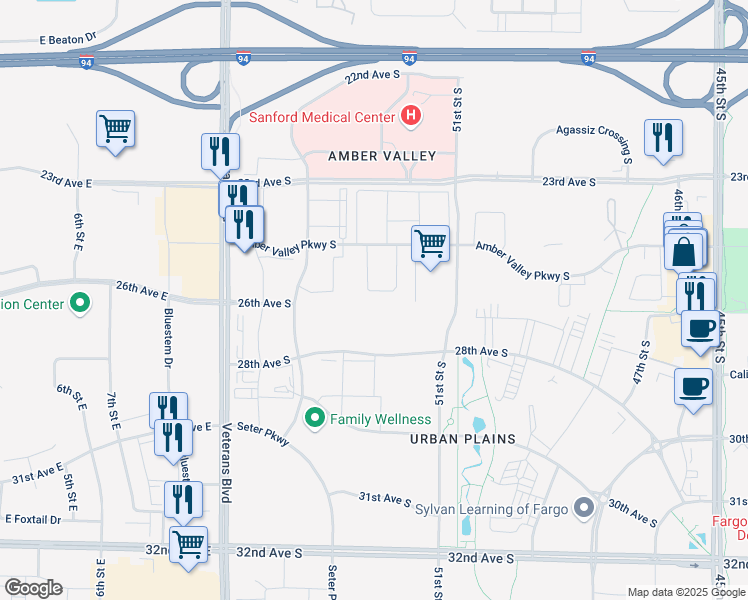 map of restaurants, bars, coffee shops, grocery stores, and more near 2554 Amber Valley Ct S in Fargo