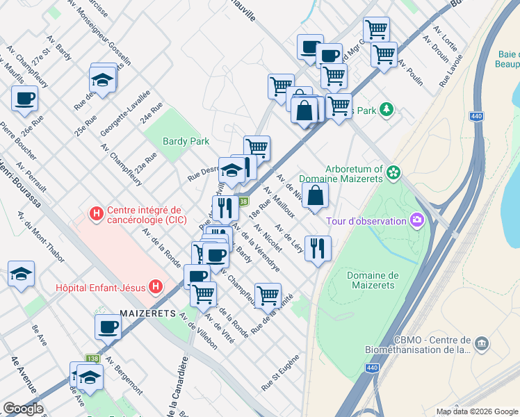map of restaurants, bars, coffee shops, grocery stores, and more near in Québec City