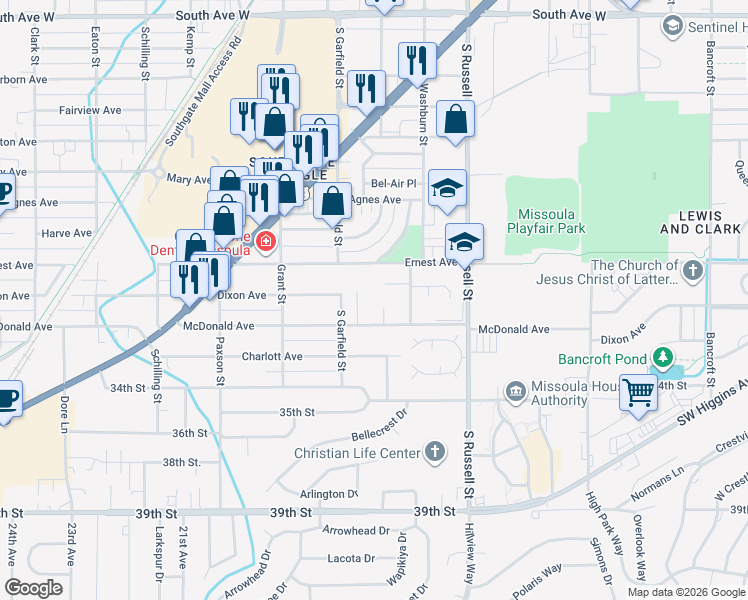 map of restaurants, bars, coffee shops, grocery stores, and more near 5 Rosebud Lane in Missoula