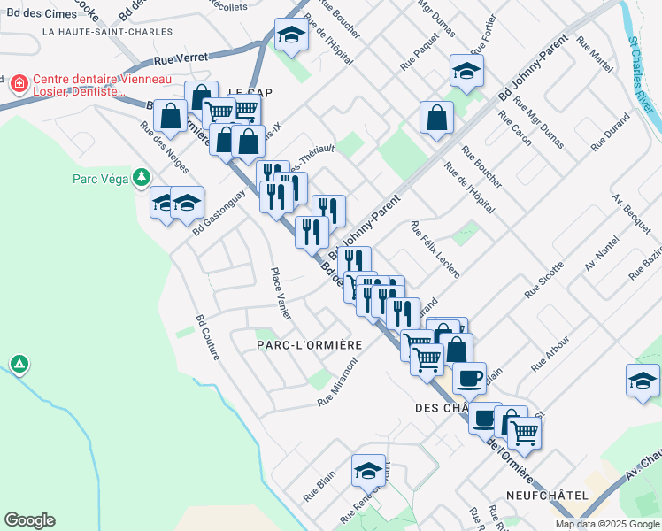 map of restaurants, bars, coffee shops, grocery stores, and more near 9988 Boulevard de l'Ormière in Ville de Québec
