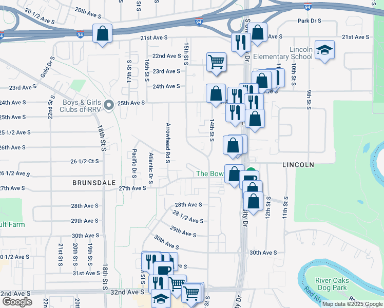map of restaurants, bars, coffee shops, grocery stores, and more near 2615 15th Street South in Fargo