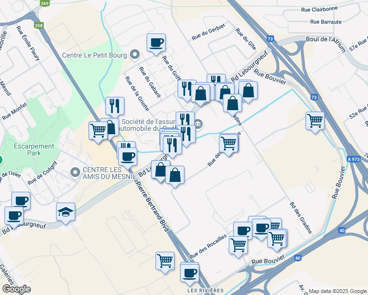 map of restaurants, bars, coffee shops, grocery stores, and more near 500-815 Boulevard Lebourgneuf in Québec