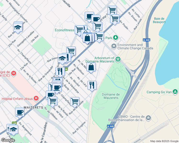 map of restaurants, bars, coffee shops, grocery stores, and more near 1610 Avenue de Niverville in Quebec