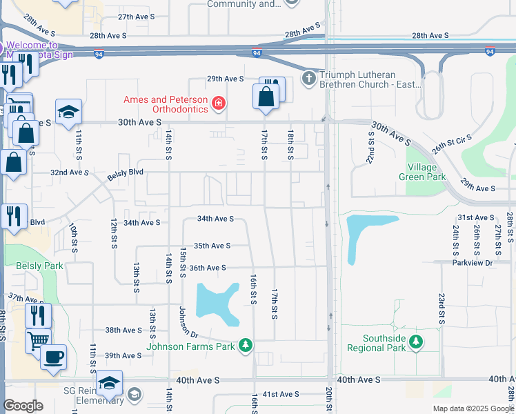map of restaurants, bars, coffee shops, grocery stores, and more near 3337 17th Street South in Moorhead