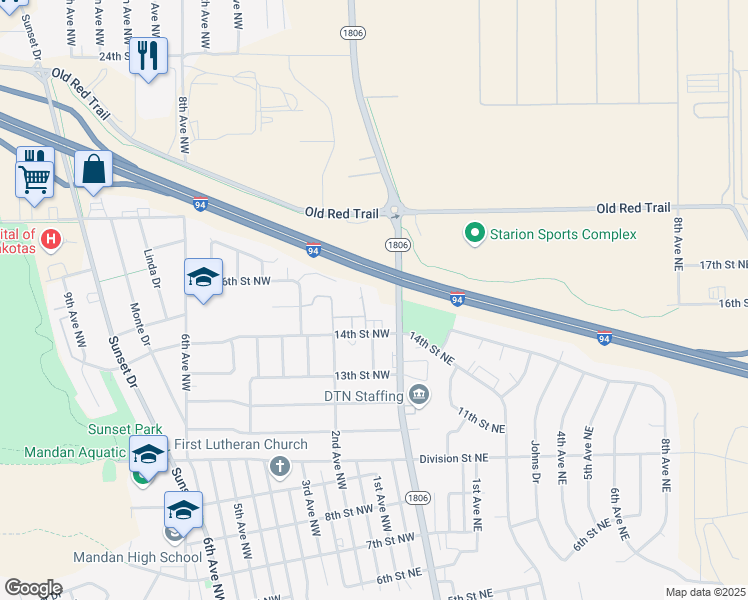 map of restaurants, bars, coffee shops, grocery stores, and more near 1508 1st Avenue Northwest in Mandan