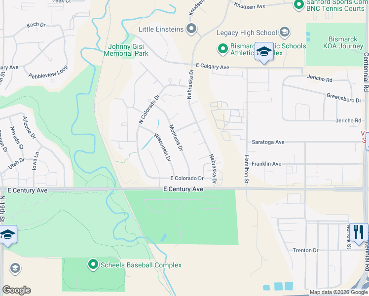 map of restaurants, bars, coffee shops, grocery stores, and more near 3207 Montana Drive in Bismarck