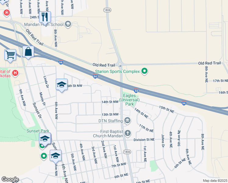 map of restaurants, bars, coffee shops, grocery stores, and more near 1509 1st Avenue Northwest in Mandan
