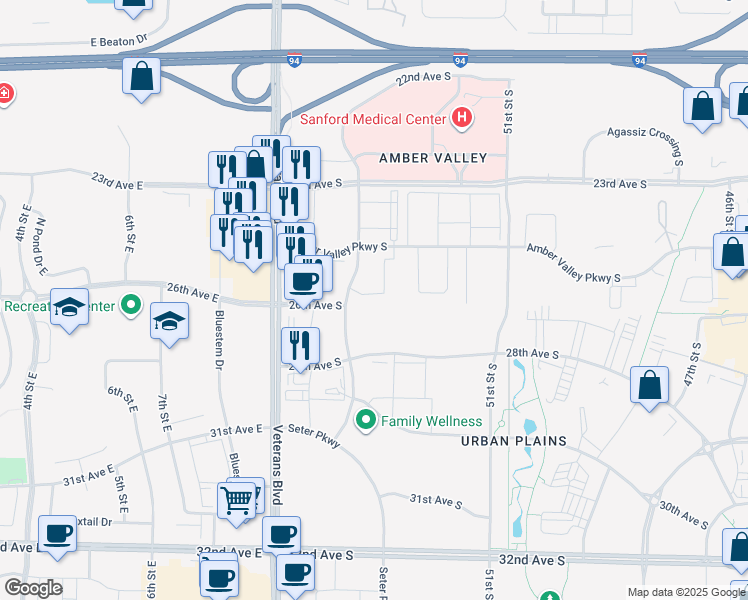 map of restaurants, bars, coffee shops, grocery stores, and more near 2560 55th Street South in Fargo