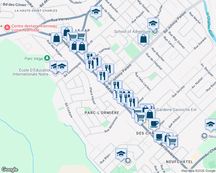 map of restaurants, bars, coffee shops, grocery stores, and more near 9988 Boulevard de l'Ormière in Québec