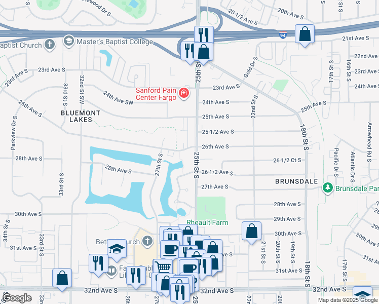map of restaurants, bars, coffee shops, grocery stores, and more near 2526 26th Avenue South in Fargo