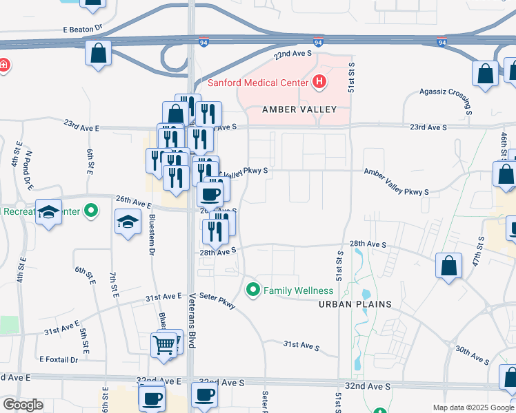 map of restaurants, bars, coffee shops, grocery stores, and more near 2560 55th Street South in Fargo