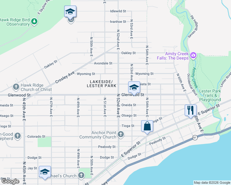 map of restaurants, bars, coffee shops, grocery stores, and more near 5137 Glenwood Street in Duluth