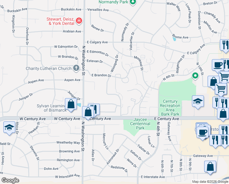 map of restaurants, bars, coffee shops, grocery stores, and more near 3139 Winnipeg Drive in Bismarck